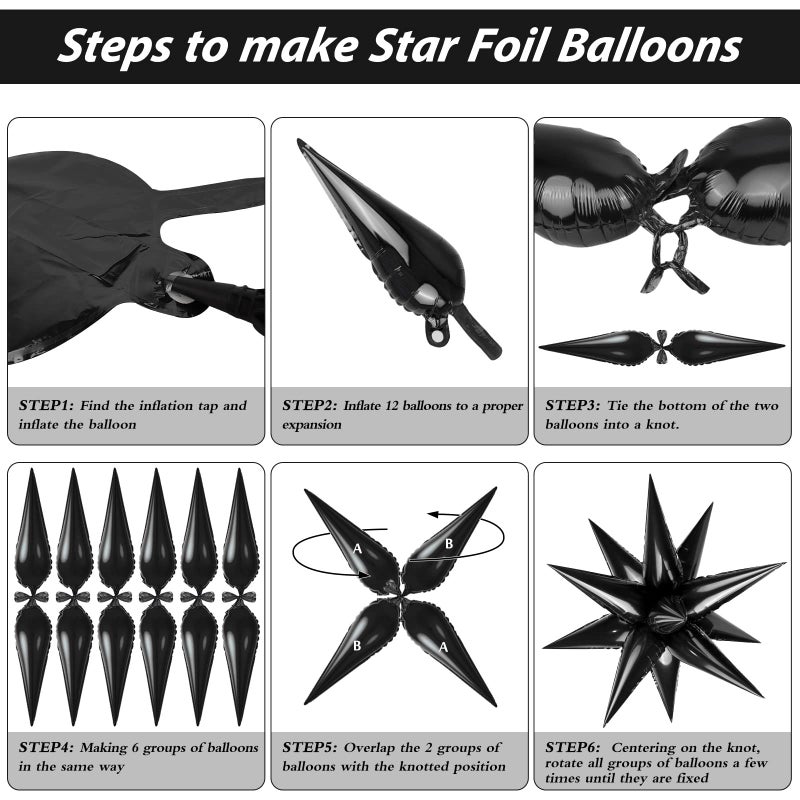 TOTAFAM 60 Pcs Black Star Balloons Explosion 12 Point Foil Cone Balloons Magic Starburst Balloon Large for Wedding Anniversary Backdrop Birthday Party Decorations - Image 5